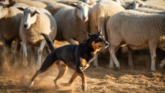 Australian Kelpie working sheep across a dry paddock on an Australian farm