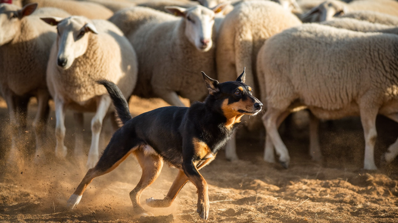 Australian Kelpie working sheep across a dry paddock on an Australian farm