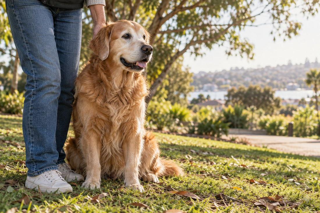 AI-generated illustration of a senior golden retriever beside its owner in a park