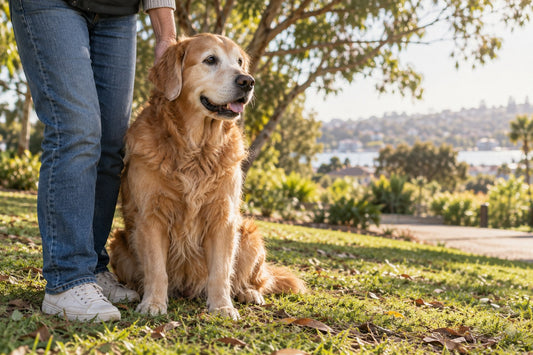 AI-generated illustration of a senior golden retriever beside its owner in a park