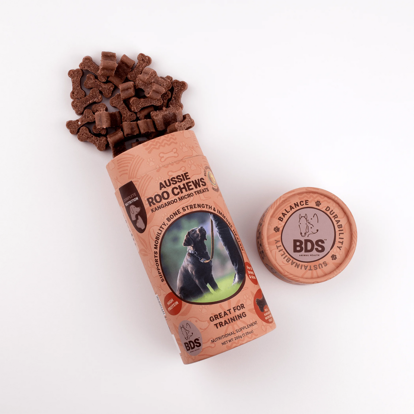 BDS Animal Health Aussie Roo Chews kangaroo micro dog training treats spilled from packaging Australian made