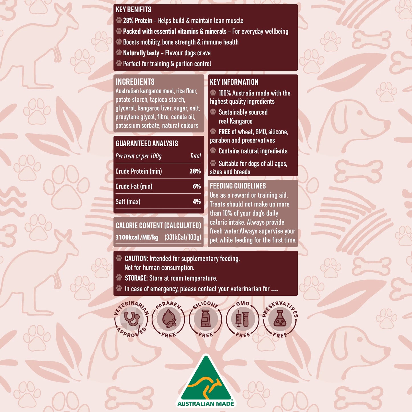 Back of BDS Animal Health Aussie Roo Chews kangaroo micro dog treats showing ingredients, nutrition panel and Australian made information
