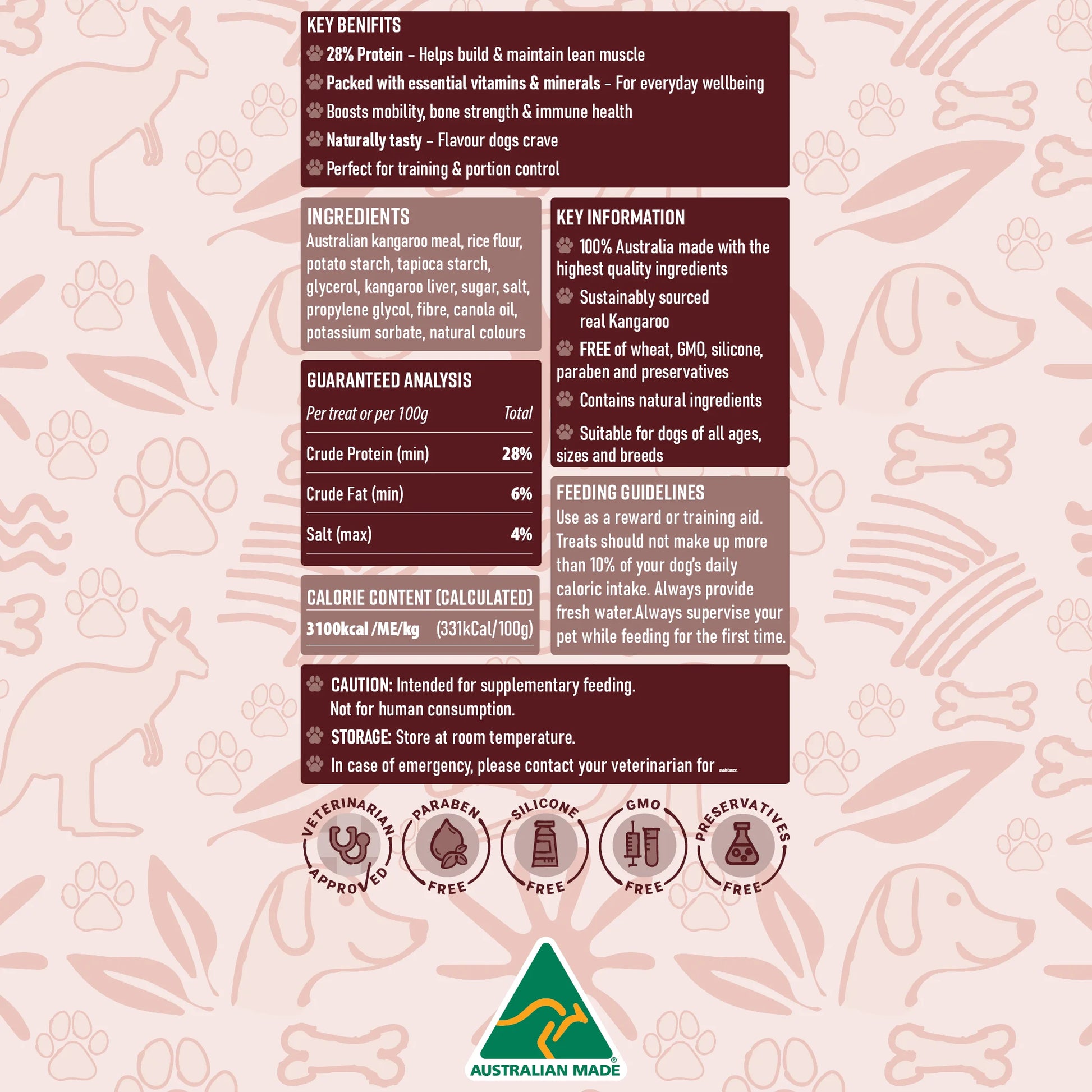 Back of BDS Animal Health Aussie Roo Chews kangaroo micro dog treats showing ingredients, nutrition panel and Australian made information