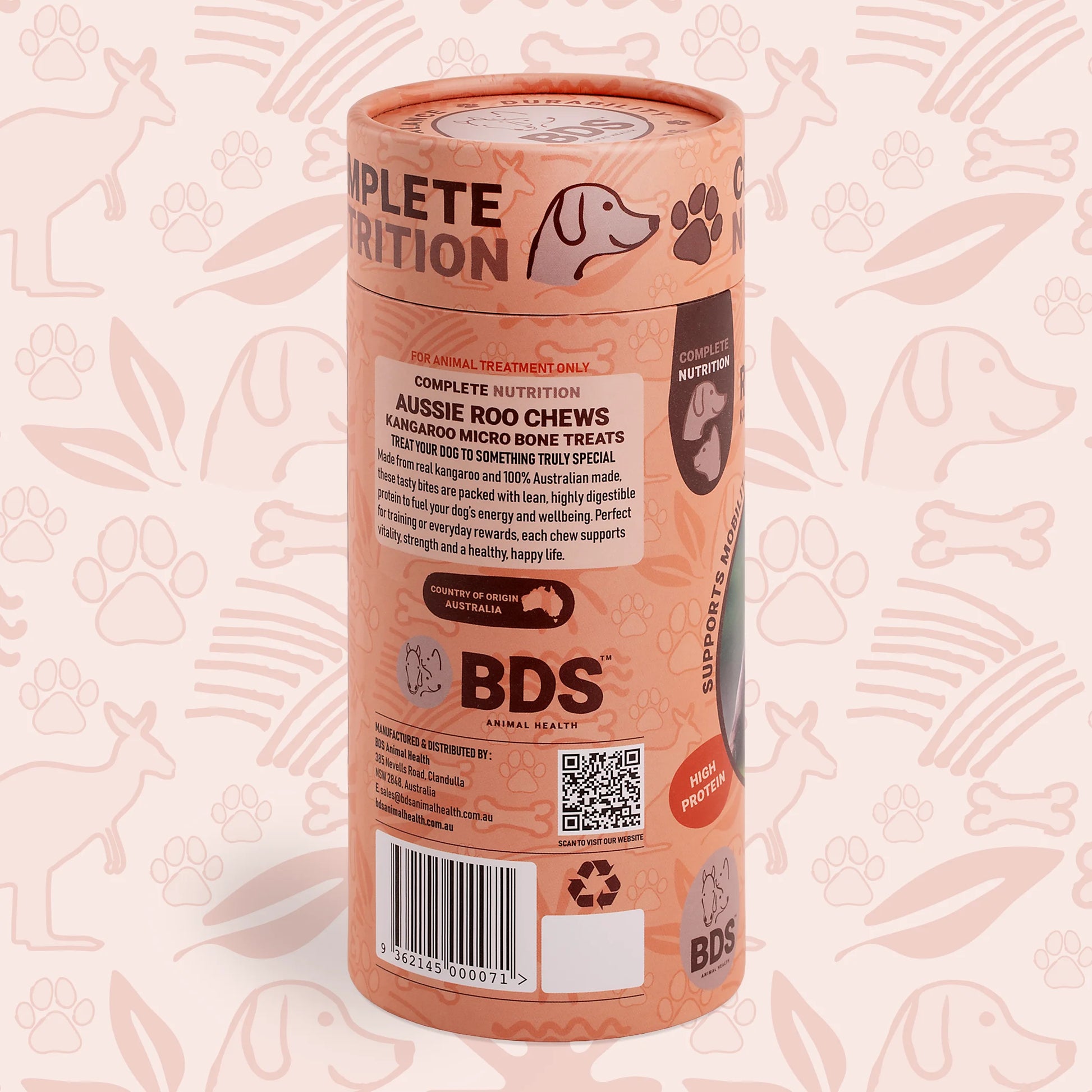 Side view of BDS Animal Health Aussie Roo Chews kangaroo micro dog training treats packaging showing product details and barcode Australian made
