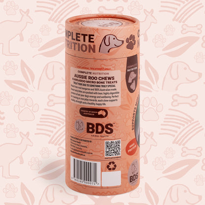 Side view of BDS Animal Health Aussie Roo Chews kangaroo micro dog training treats packaging showing product details and barcode Australian made