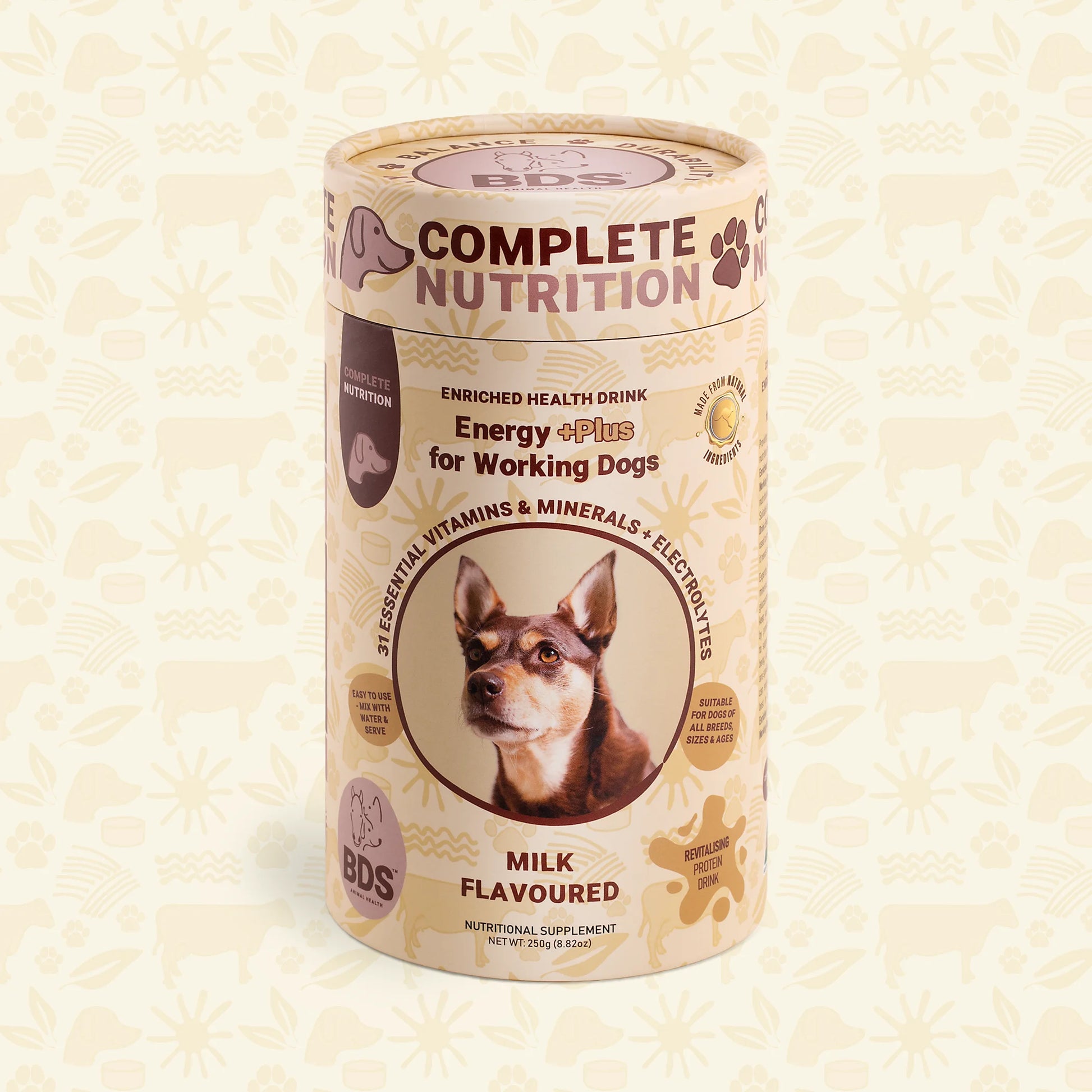BDS Energy +Plus enriched health drink for working dogs milk flavored vitamins minerals electrolytes front packaging