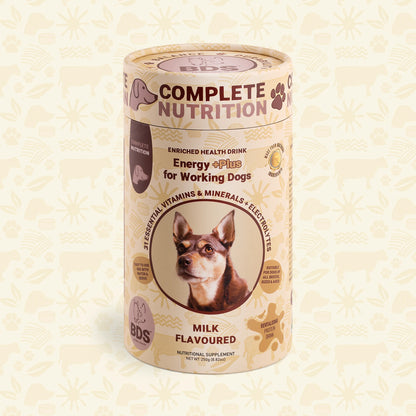 BDS Energy +Plus enriched health drink for working dogs milk flavored vitamins minerals electrolytes front packaging