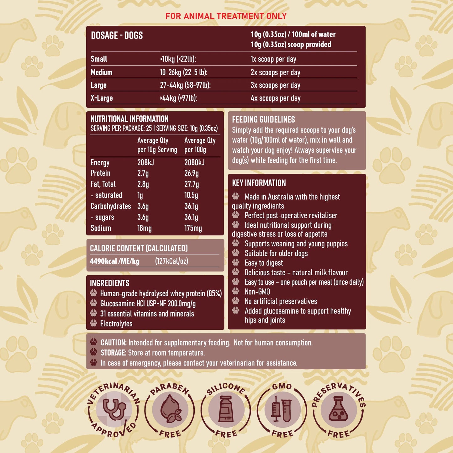 BDS Energy +Plus nutritional information panel dog supplement dosage chart ingredients whey protein vitamins minerals grain-free non-GMO veterinary approved