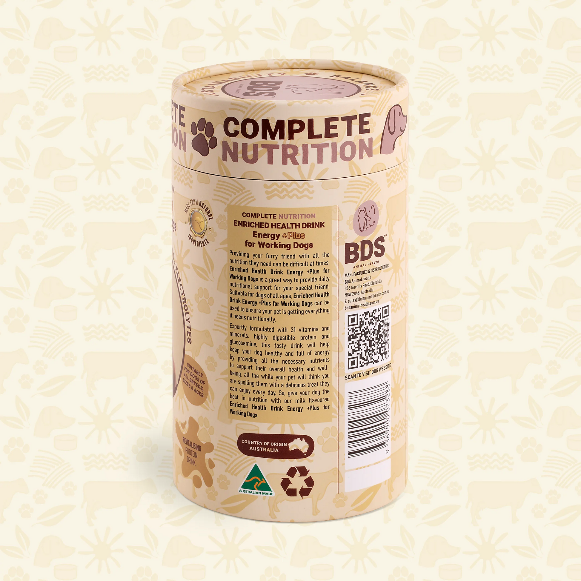 BDS Energy +Plus working dog supplement side label with product benefits description Australian made recyclable packaging barcode