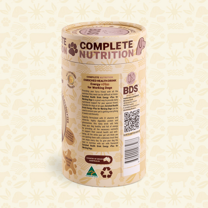 BDS Energy +Plus working dog supplement side label with product benefits description Australian made recyclable packaging barcode