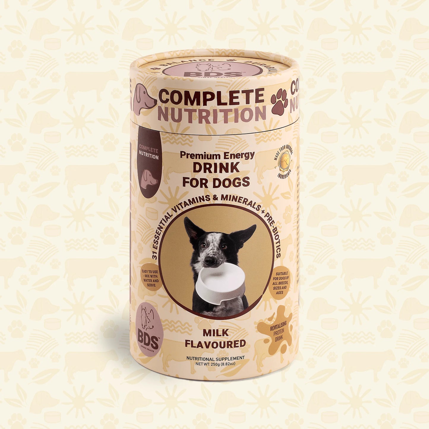 BDS Premium Energy Drink for Dogs milk flavored vitamins minerals front packaging nutritional supplement