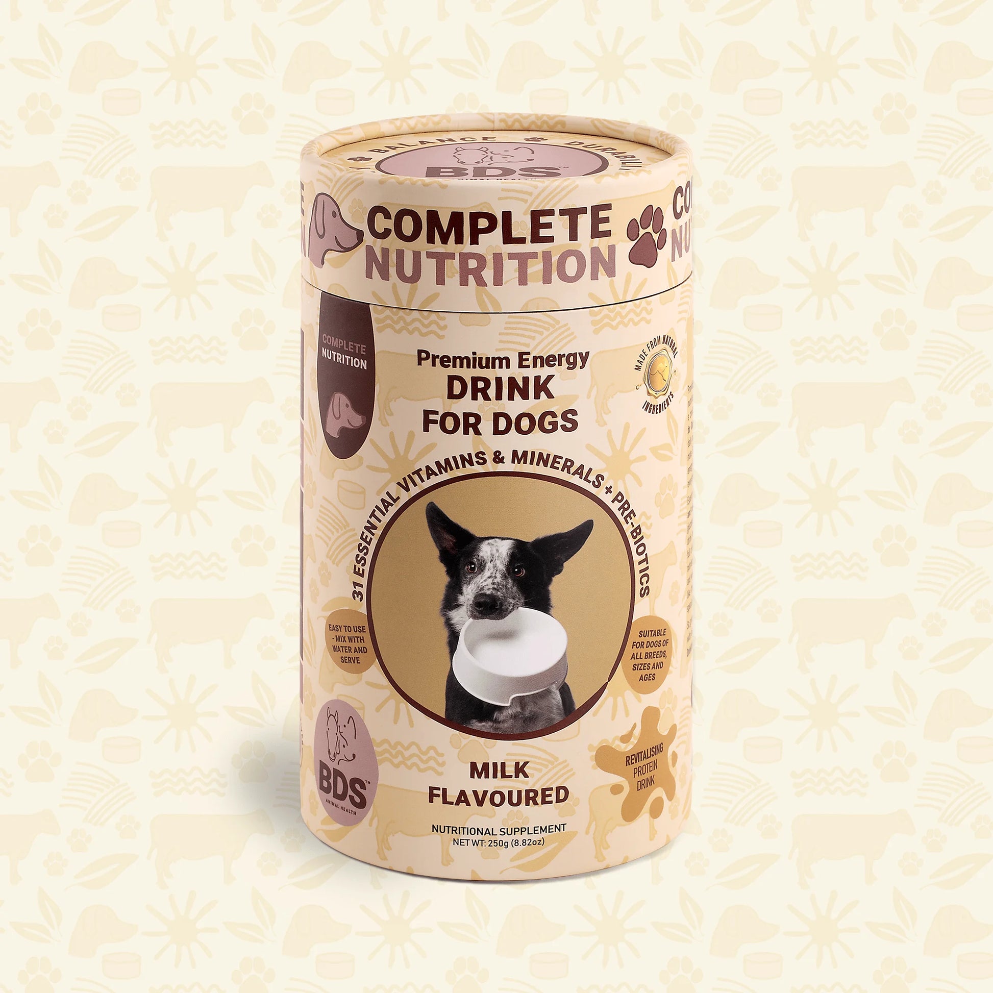BDS Premium Energy Drink for Dogs milk flavored vitamins minerals front packaging nutritional supplement