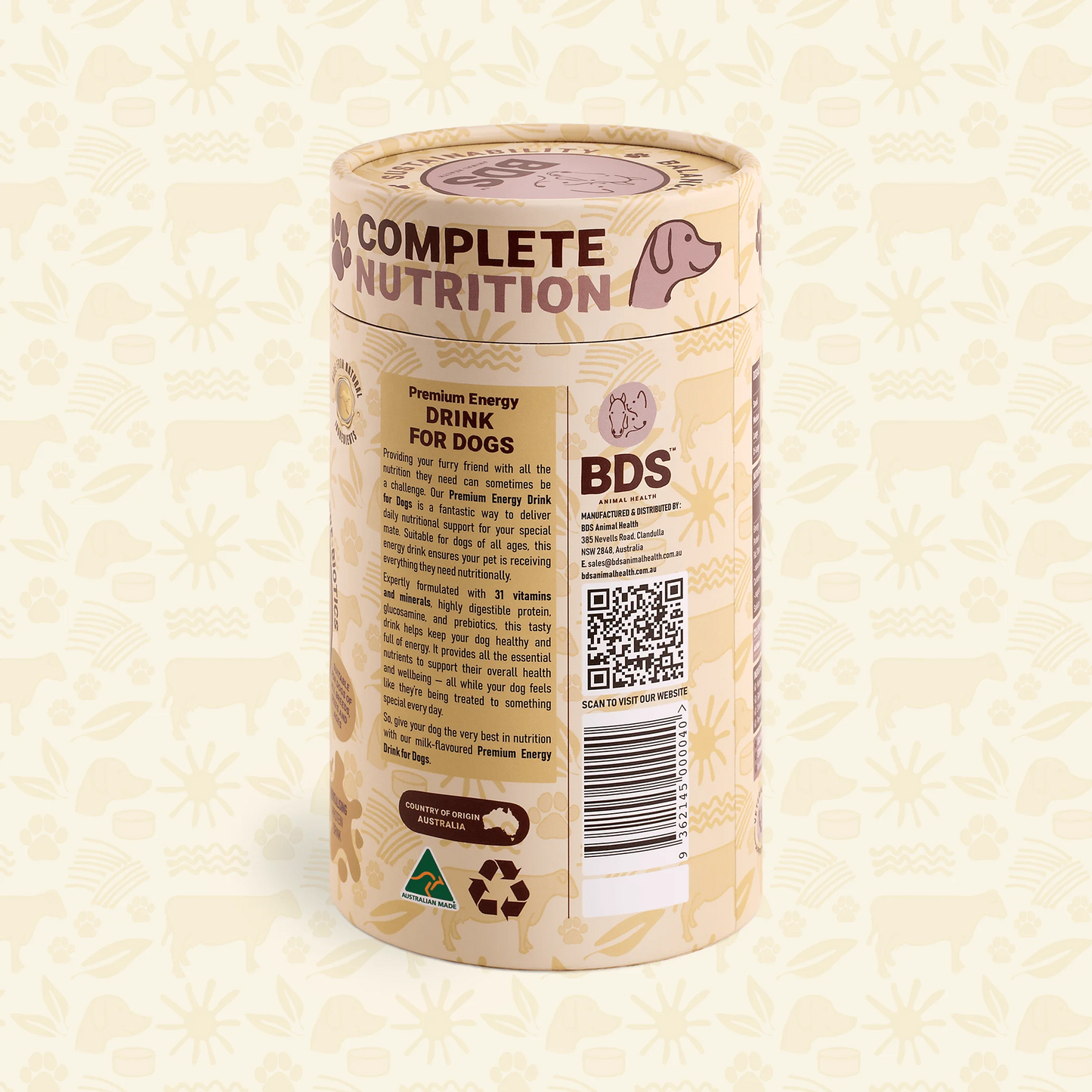 BDS Premium Energy Drink for Dogs side panel product description Australian made barcode QR code recyclable