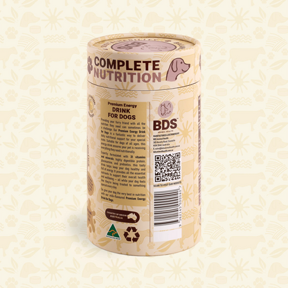 BDS Premium Energy Drink for Dogs side panel product description Australian made barcode QR code recyclable