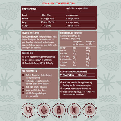 BDS Osteo Connect dog supplement dosage guide feeding instructions nutritional facts glucosamine chondroitin green-lipped mussel veterinary approved