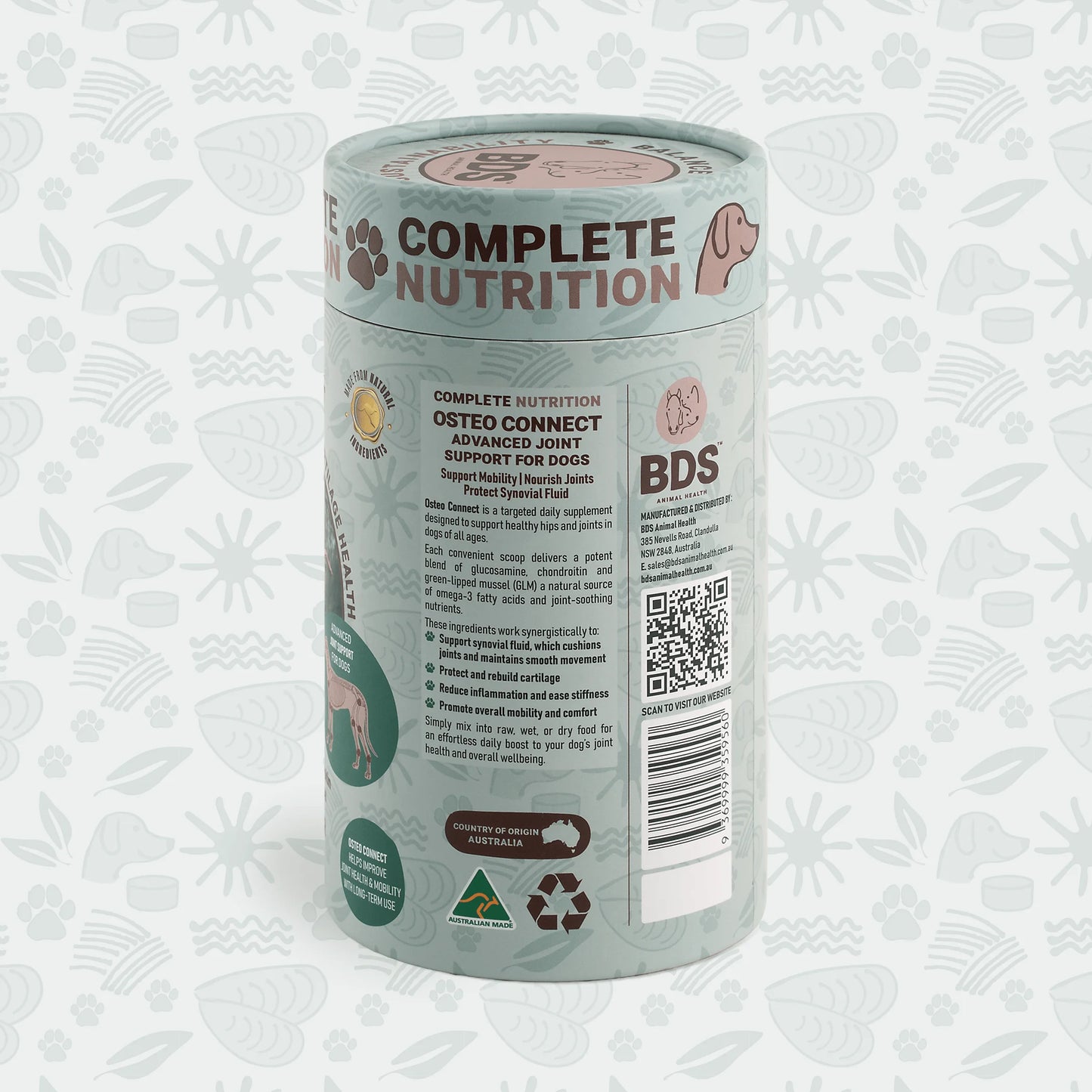 BDS Osteo Connect dog joint supplement side panel product description Australian made barcode QR code recyclable