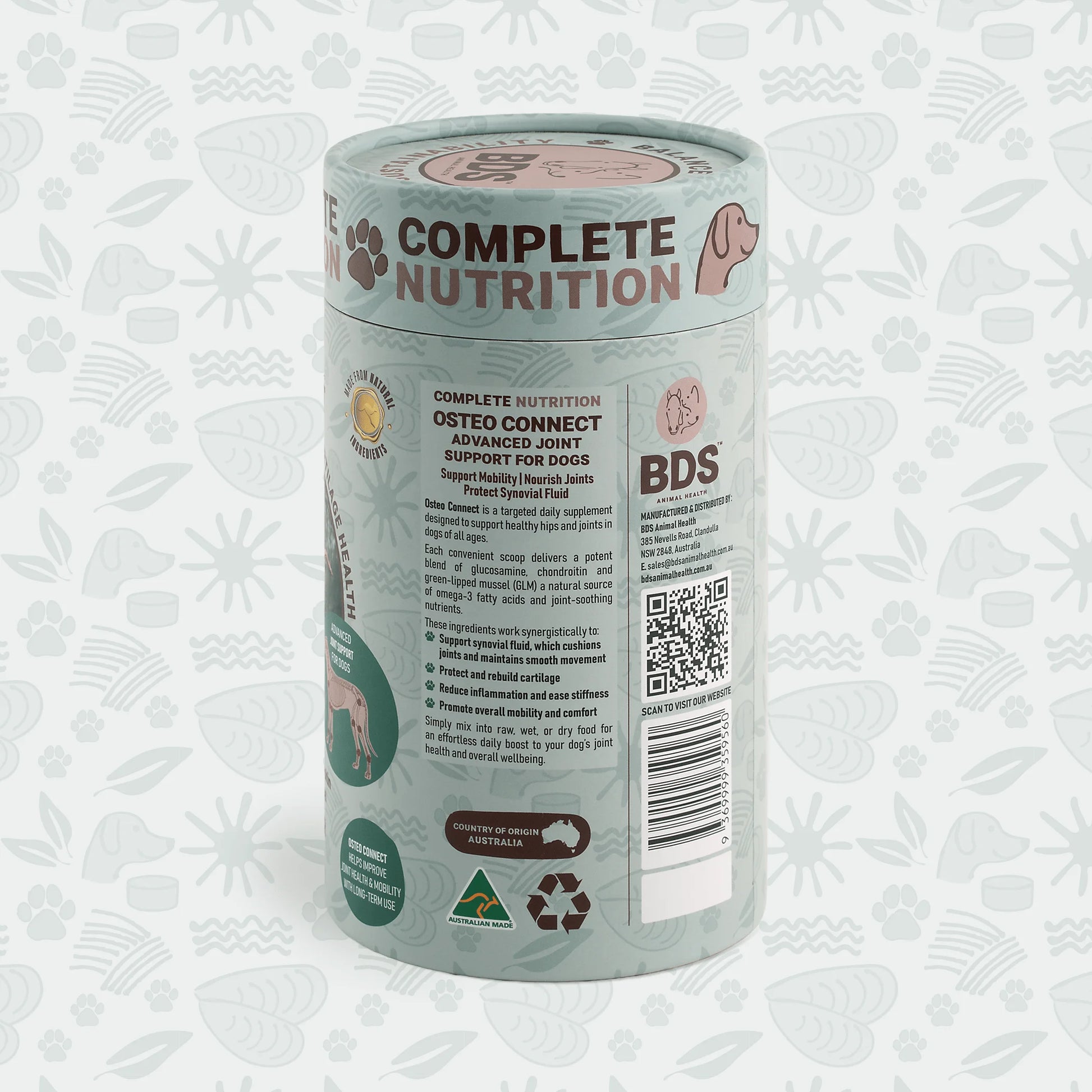 BDS Osteo Connect dog joint supplement side panel product description Australian made barcode QR code recyclable