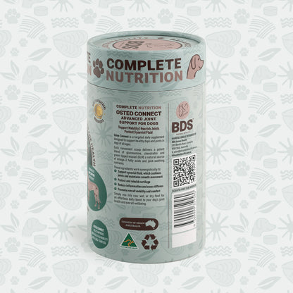 BDS Osteo Connect dog joint supplement side panel product description Australian made barcode QR code recyclable