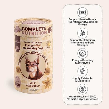 BDS Animal Health Energy +Plus enriched health drink for working dogs milk flavored grain-free with vitamins, minerals, and electrolytes